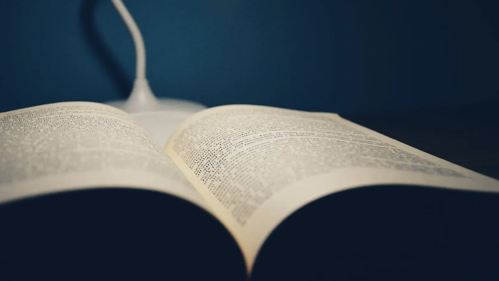 Open book under a white lamp, late-night study atmosphere