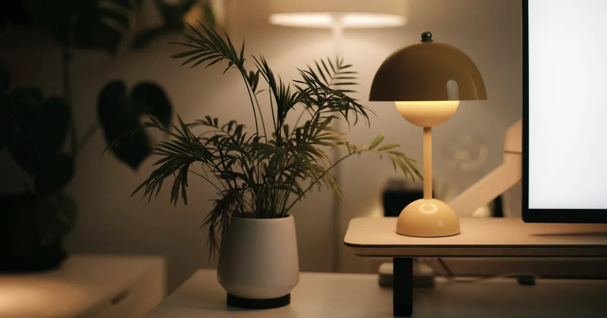 Coin de bureau avec une lampe allumée et une plante dans une lumière chaude